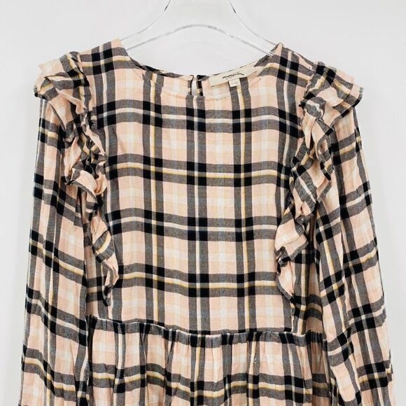 LOFT Size Medium Pink & Black Plaid Ruffled Long Sleeve Keyhole Back Top - Picture 2 of 9